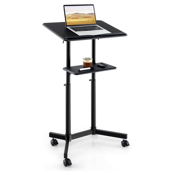Costway 1 PCS Mobile Lectern Podium with Tilting Top Storage Tray Lockable Casters Black