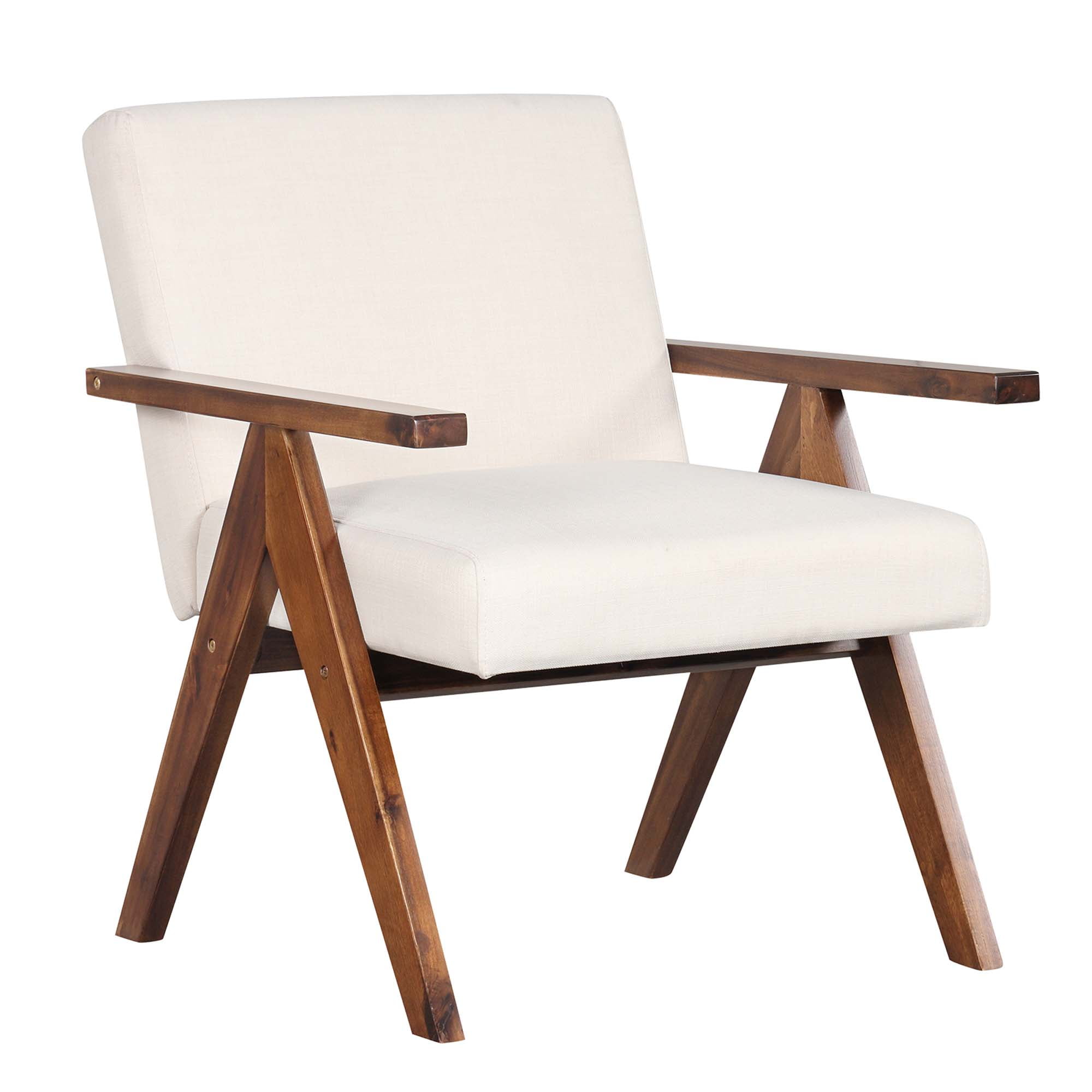 Beige Linen Fabric Barrel Accent Chair with Acacia Wood Frame