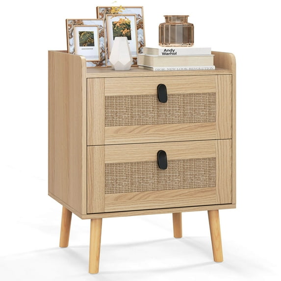 Costway 1 PCS Modern Nightstand End Bedside Table with 2 Rattan Drawers & Solid Wood Legs Natural