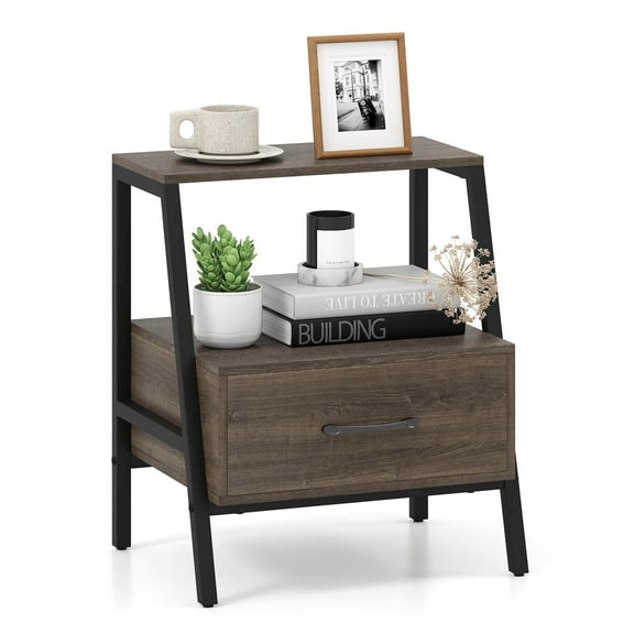 Costway 1 PCS Nightstand with Drawer Farmhouse 3-Tier Bedside Table with Open Shelf End Table