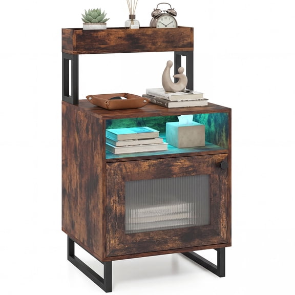 Costway 1 PCS Nightstand with LED Lights, Modern End Table with Top Tray, Open Compartment Rustic Brown
