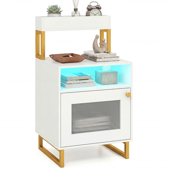 Costway 1 PCS Nightstand with LED Lights, Modern End Table with Top Tray, Open Compartment White