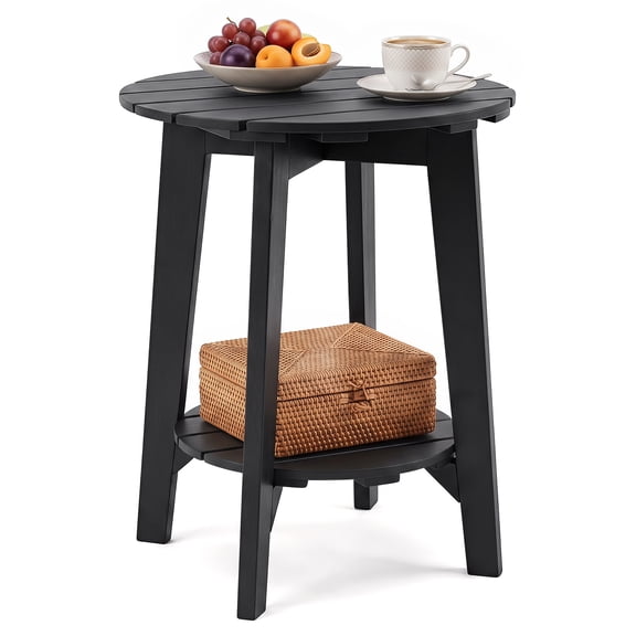 Costway 1 PCS Outdoor Eucalyptus Wood Side Table, 2-Tier Patio End Table with Slatted Tabletop Black