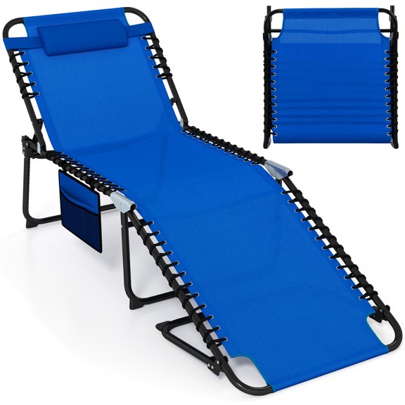 Costway 1 PCS Oversize Folding Chaise Lounge with Adjustable Backrest Detachable Pillow Pocket Navy