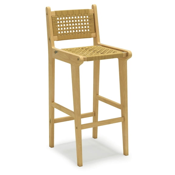 Costway 1 PCS Patio Teak Wood Bar Stool Outdoor Bar Height Chair with Rattan Backrest & Seat