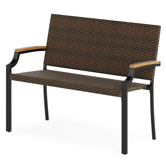 Costway 1 PCS Patio Wicker Loveseat Chair with Acacia Wood Armrests & Metal Frame for Backyard