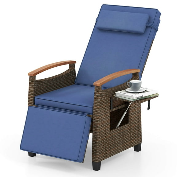 Costway 1 PCS Patio Wicker Recliner Chair with Adjustable Backrest Footrest Flip Side Table Navy