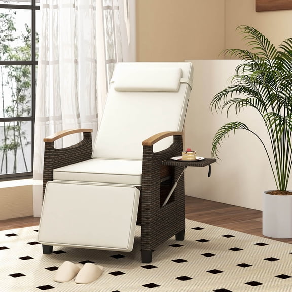 Costway 1 PCS Patio Wicker Recliner Chair with Adjustable Backrest Footrest Flip Side Table White