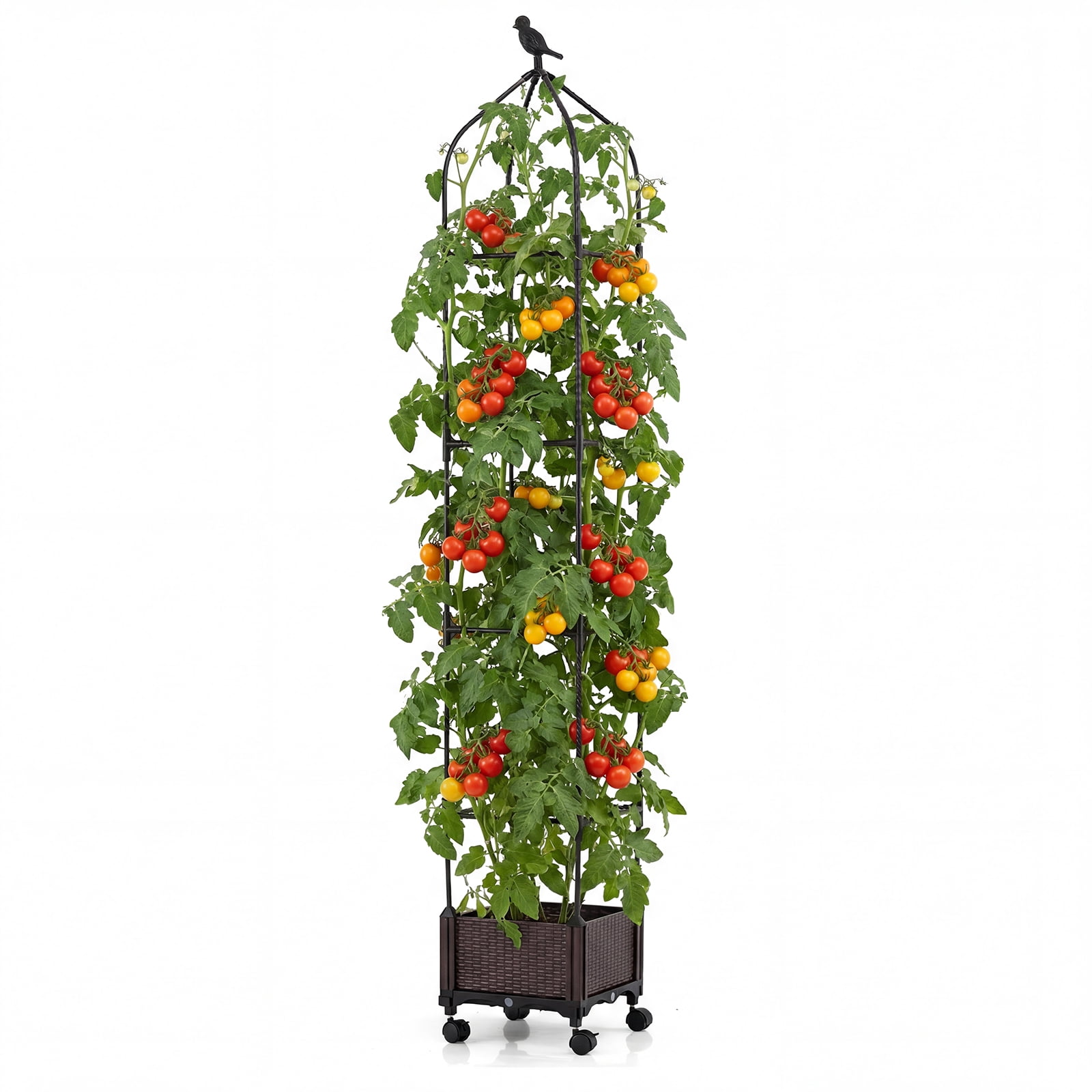 Costway 1 PCS Raised Garden Bed Tomato Cage Planter Box with PE-Coated Metal Trelli Wheels