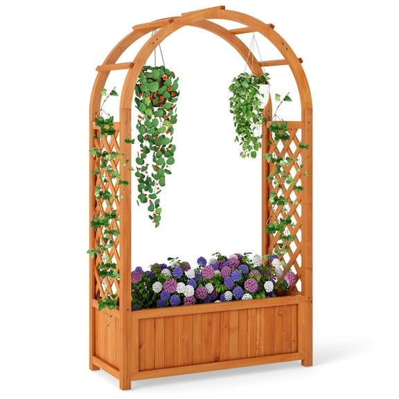 Costway 1 PCS Raised Garden Bed Wooden Elevated Planter Box with Lattice Trellis & Ached Roof