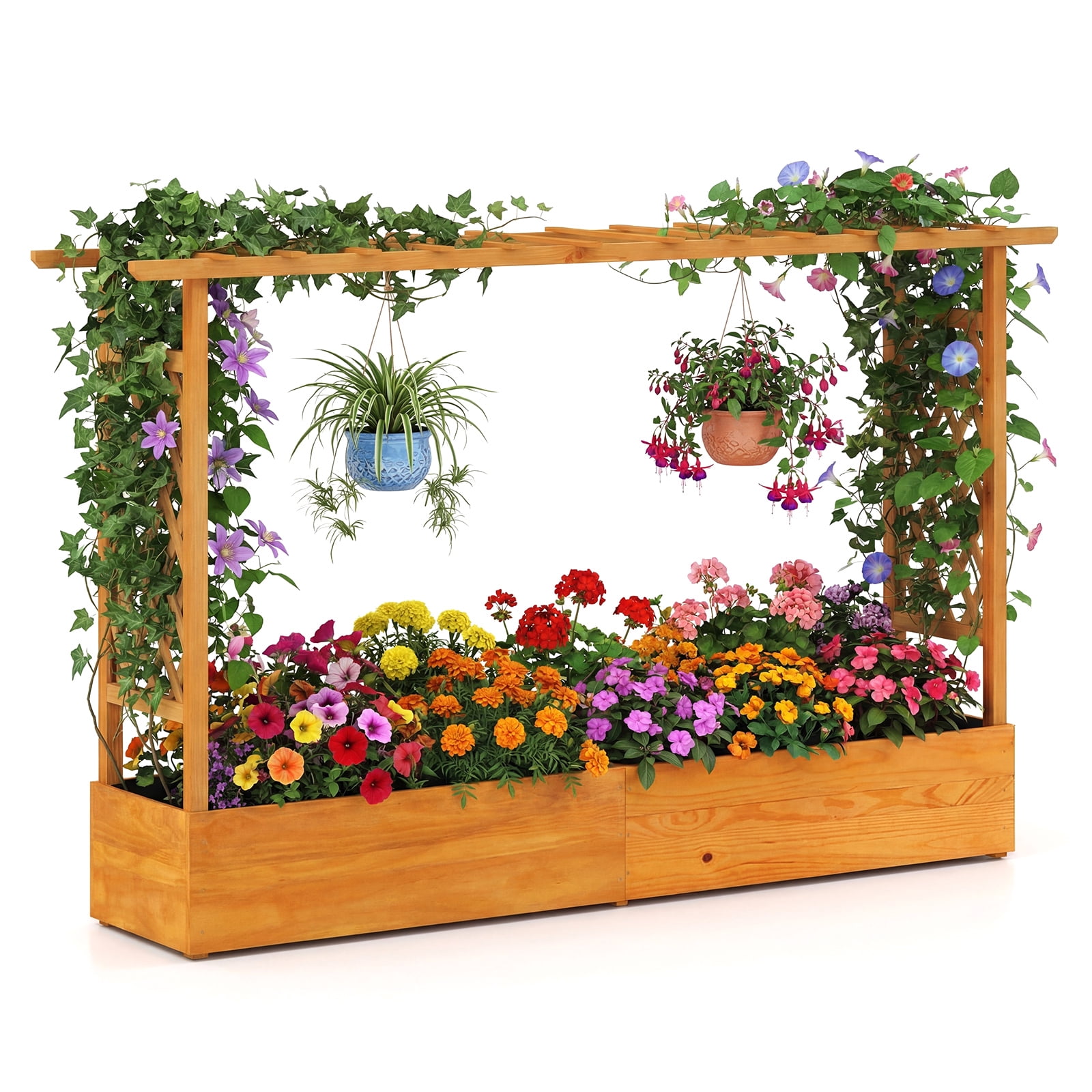 Costway 1 PCS Raised Garden Bed with Trellis Hanging Roof Planter Box Drainage Holes for Patio