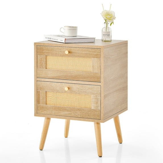 Costway 1 PCS Rattan Nightstand Boho Accent Bedside Table with 2 Storage Drawers Natural