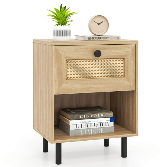 Costway 1 PCS Rattan Nightstand Boho End Table with Drawer & Open Shelf for Living Room Natural