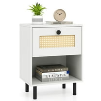 Costway 1 PCS Rattan Nightstand Boho End Table with Drawer & Open Shelf for Living Room White