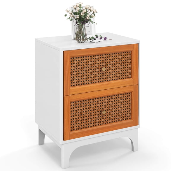 Costway 1 PCS Rattan Nightstand with Storage Wood End Sofa Side Table with 2 drawers Wood Legs