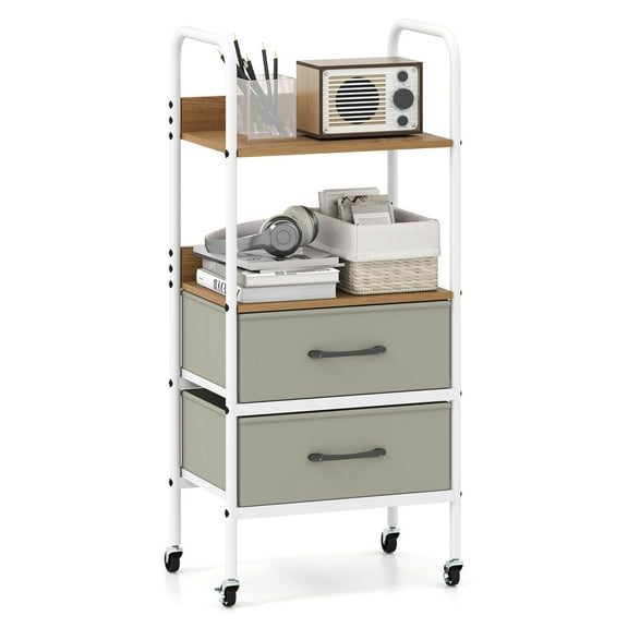 Costway 1 PCS Rolling Utility Storage Cart with 2 Open Shelves and 2 Fabric Drawers for Bedroom