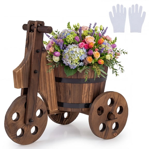 Costway 1 PCS Rustic Wood Tricycle Planter with Barrel Pot & Drainage for Patio Balcony Garden