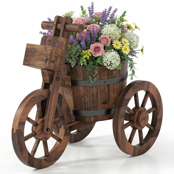 Costway 1 PCS Rustic Wood Tricycle Planter with Barrel Pot & Storage Box for Patio Balcony Garden