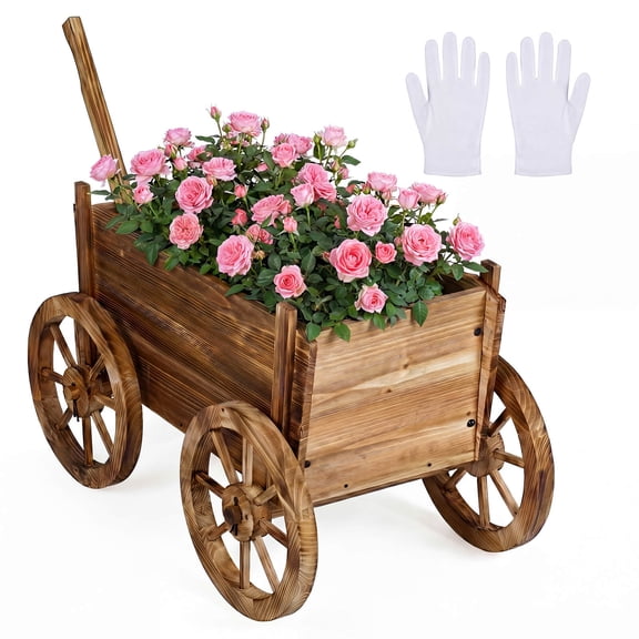Costway 1 PCS Rustic Wood Wagon Planter with Wheels,Handle&Drainage Hole for Patio Balcony Garden