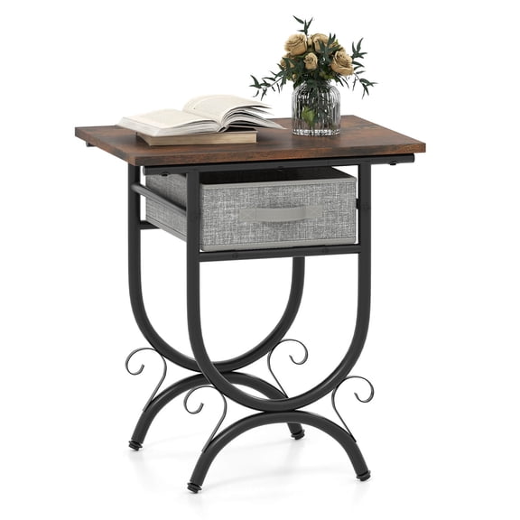 Costway 1 PCS Side Table with Fabric Drawer Carved Metal Frame Industrial End Table Nightstand