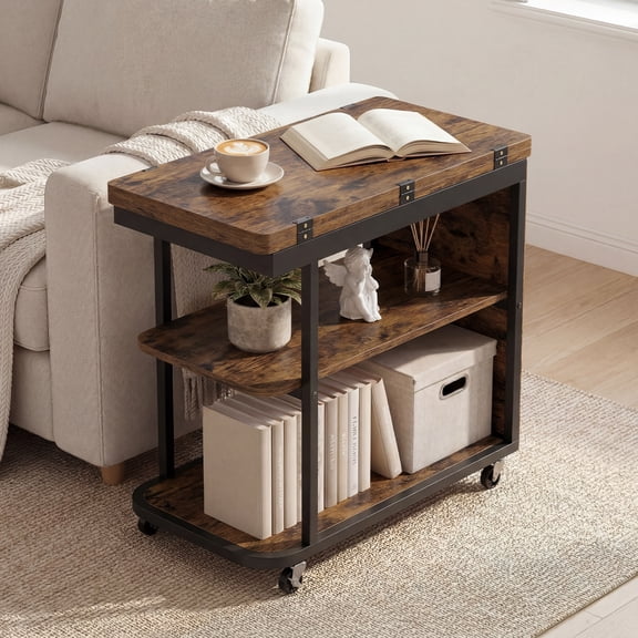 Costway 1 PCS Sofa Side Table, Mobile Night Stand with Foldable Swivel Top, 2-Tier Shelf Rustic Brown & Black