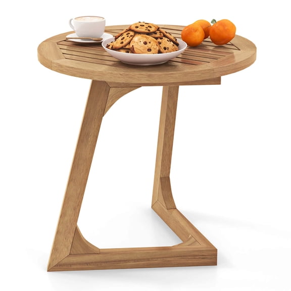 Costway 1 PCS Teak Wood Side Table Round Sofa End Table with Slatted Tabletop Nightstand