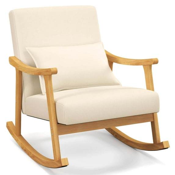 Costway 1 PCS Upholstered Rocking Chair with Pillow Rocking Armchair with Rubber Wood Frame Beige