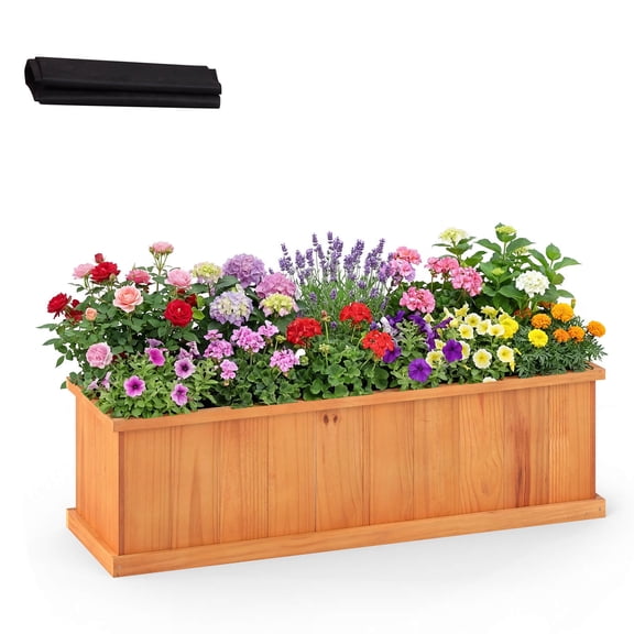 Costway 1 PCS Wood Raised Garden Bed with Drainage Holes & Liner for Flowers Vegetables Herbs