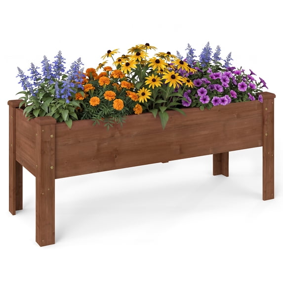Costway 1 PCS Wooden Raised Garden Bed with Legs, Drainage Holes, Natural Fir Outdoor Garden Box Dark Brown