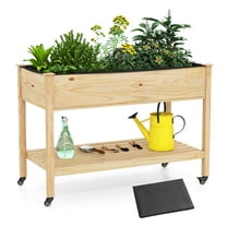 Costway 1 PCS Wooden Raised Garden Bed with Legs, Lockable Wheels, Liner, Storage Shelf Drainage
