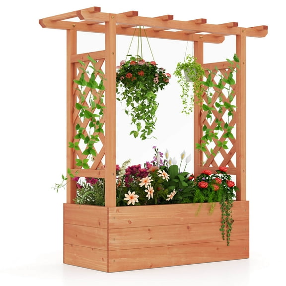Costway 1 PCS Wooden Raised Garden Bed with Trellis & Hanging Roof Drainage Elevated Planter Box