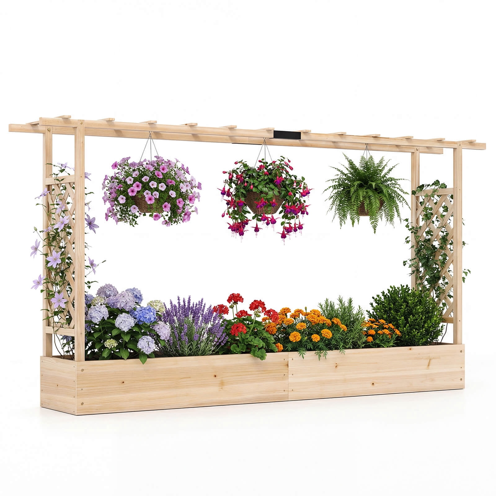 Costway 1 PCS Wooden Raised Garden Bed with Trellis & Hanging Roof, Drainage Holes for Flowers Natural