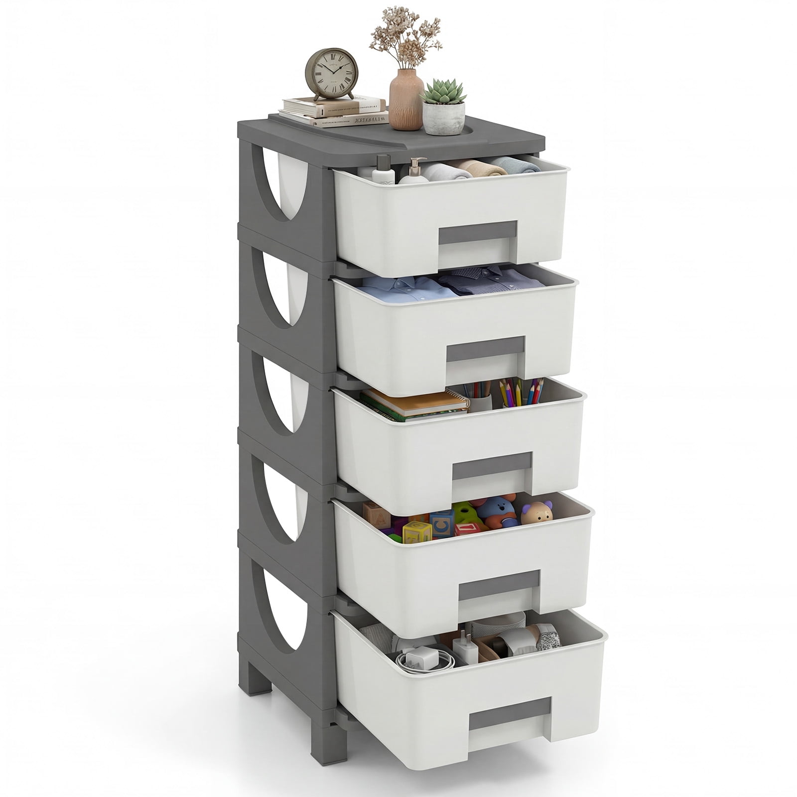 Costway 1 Pcs Storage File Cabinet, Plastic Storage Organizer with Handles,Compact Drawer Cabinet  White + Gray