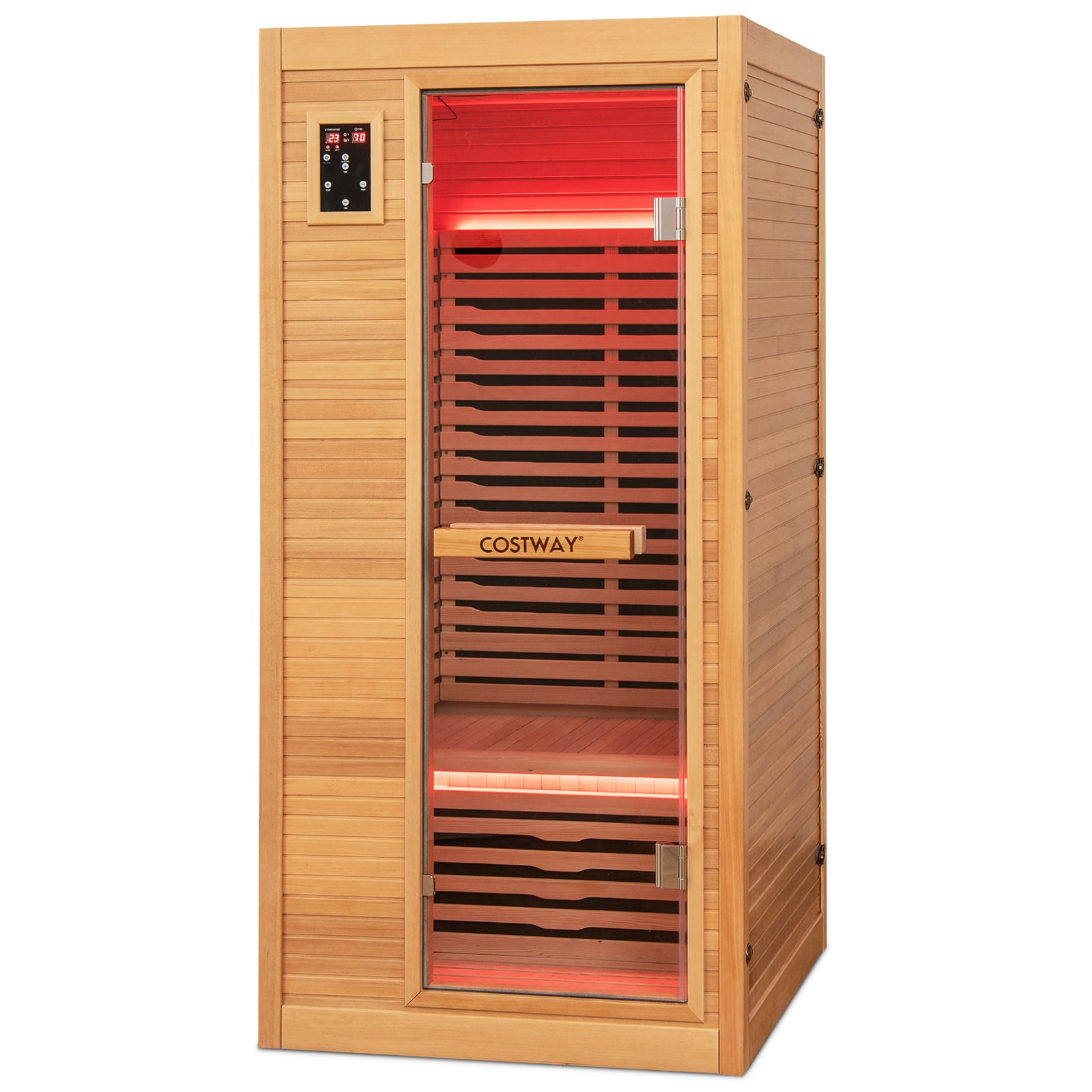 Costway 1 Person Far Infrared Wooden Sauna Room with Bluetooth Speakers, 9 Carbon Heaters