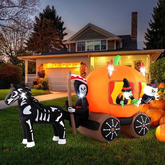 Costway 10.2 ft Long Halloween Inflatable Carriage LED Lighted Carriage w/ Pumpkin 2 Ghosts Witch & Skull Horse