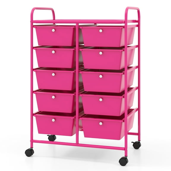 Costway 10-Drawer Mobile Organizer Cart Storage Organizer Trolley with Handles & 4 Universal Wheels Hot Pink