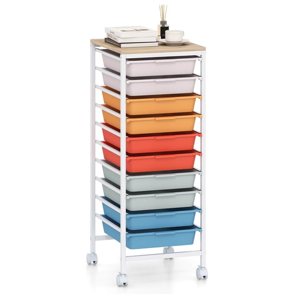Costway 10-Drawer Rolling Art & Craft Storage Carts with Wooden Tabletop, Lockable Wheels, Metal Frame Natural + Macaron