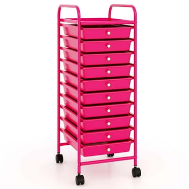 Costway 10 Drawer Rolling Storage Cart Scrapbook Paper Office School Organizer Hot Pink