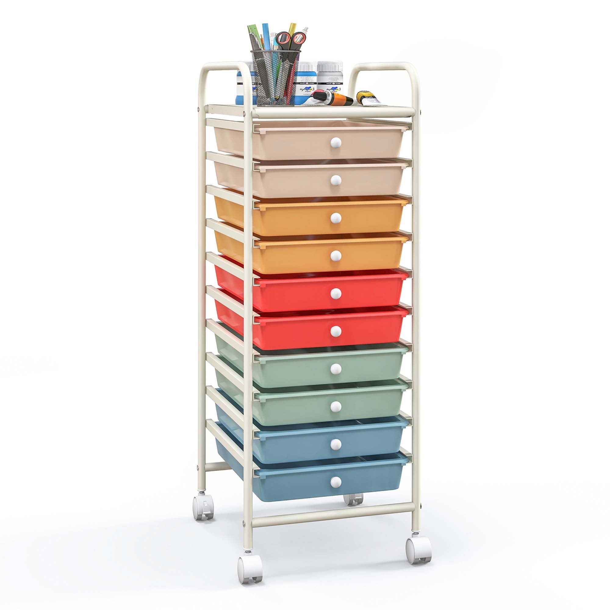 Costway 10 Drawer Rolling Storage Cart – Multi-purpose Yellow Organizer