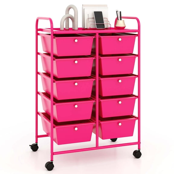 Costway 10-Drawer Storage Cart Utility Rolling Trolley Kitchen Organizer Hot Pink