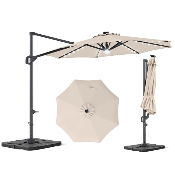 Costway 10 FT Cantilever Patio Umbrella with 35 Solar LED Lights 220 LBS Base 360° Rotation Beige   Black