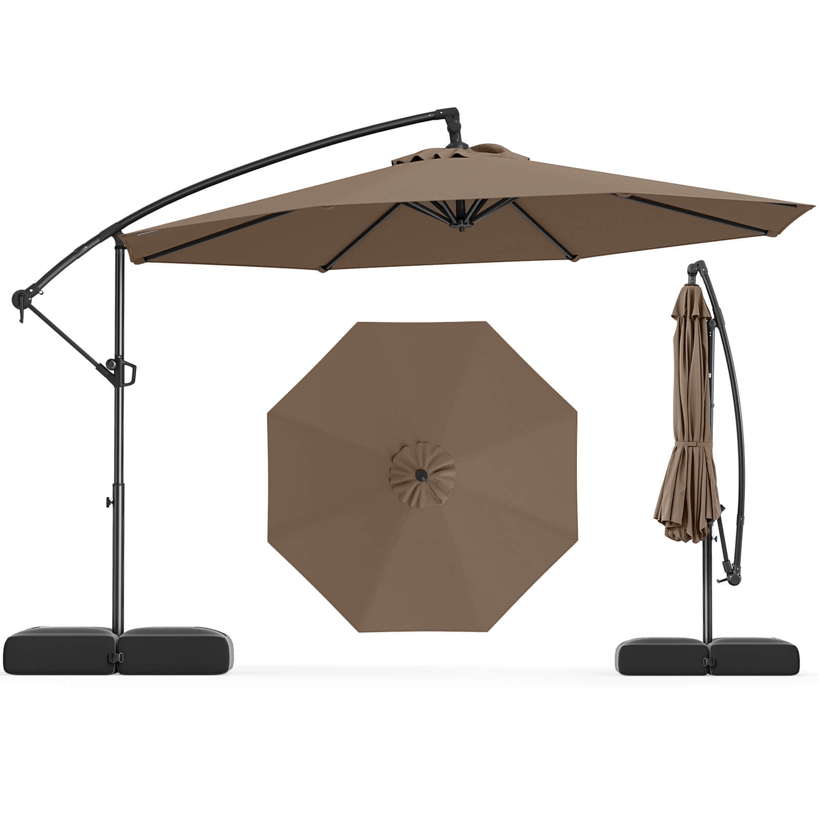 Costway 10 FT Offset Hanging Umbrella with Base Patio Cantilever Umbrella 360° Rotation Brown