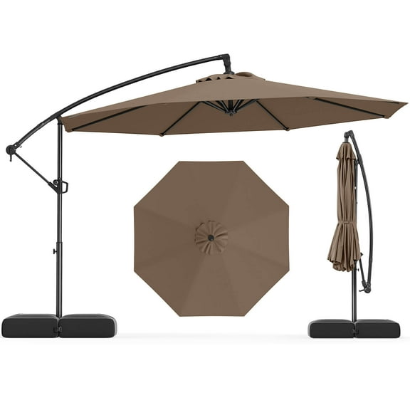 Costway 10 FT Offset Hanging Umbrella with Base Patio Cantilever Umbrella 360° Rotation Brown