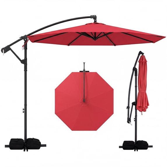 Costway 10 FT Offset Hanging Umbrella with Base Patio Cantilever Umbrella 360° Rotation Red
