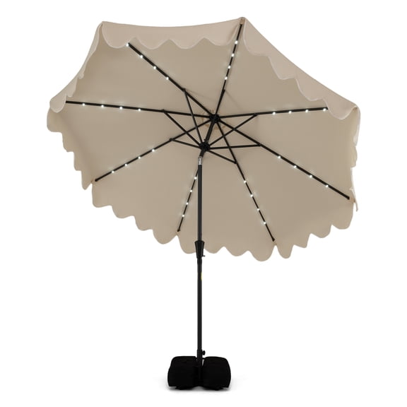Costway 10 FT Outdoor Patio Umbrella with 32 Solar LED Lights & Weighted Base, Sandbags Brown