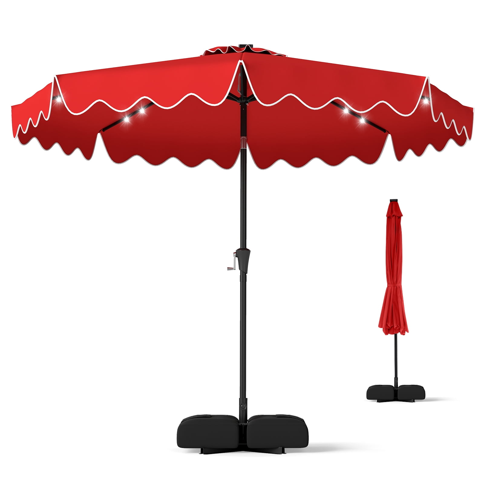 Costway 10 FT Outdoor Patio Umbrella with 32 Solar LED Lights & Weighted Base, Sandbags Red