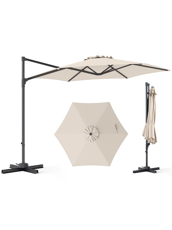 10 FT Patio Cantilever Umbrella with 360° Rotation, Air Vent, Cross Base Included Beige