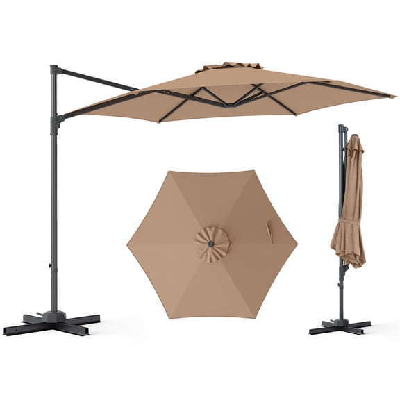 Costway 10 FT Patio Cantilever Umbrella with 360° Rotation, Air Vent, Cross Base Included Tan