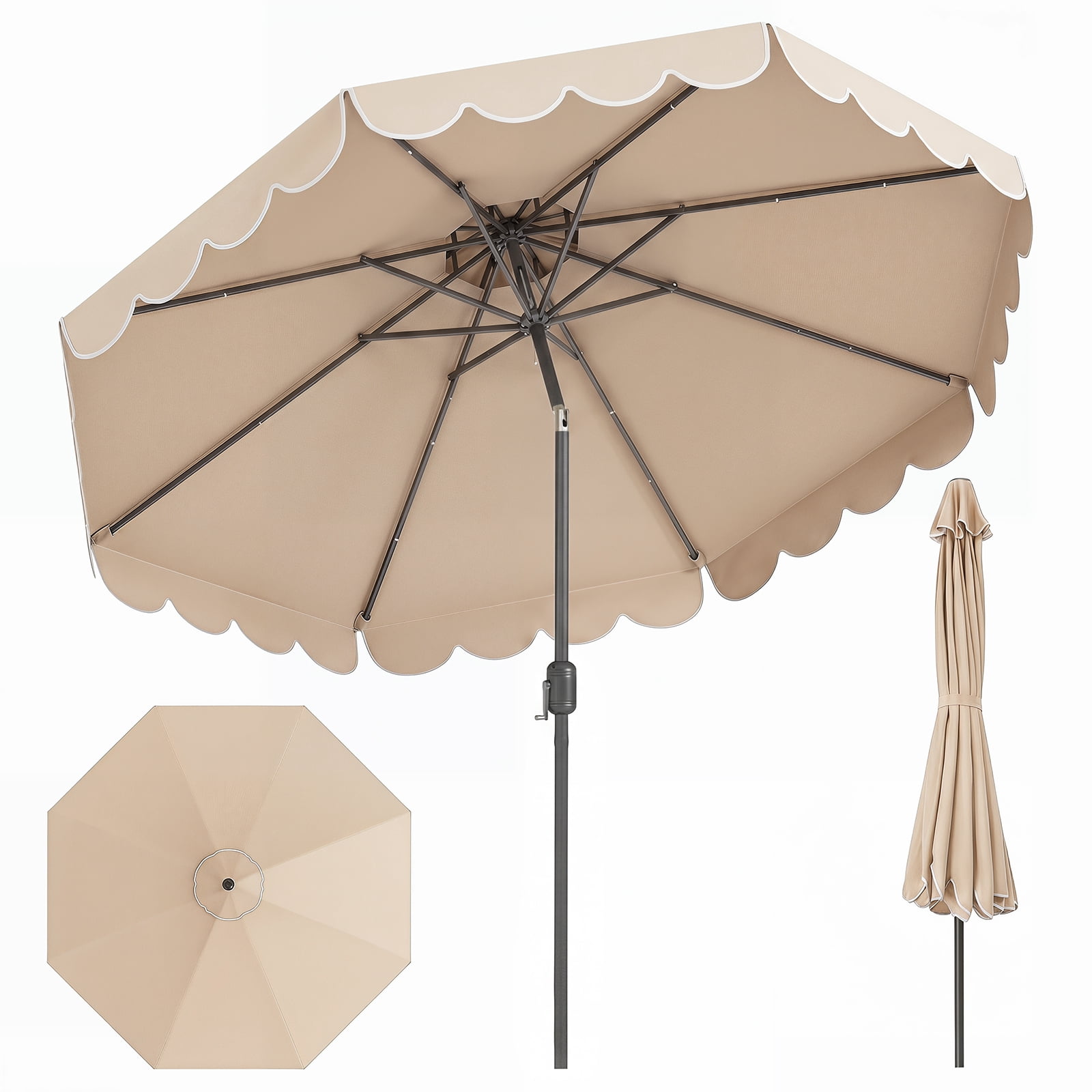 Costway 10 FT Patio Umbrella with Crank Tilt Adjustment Ruffles Vented Top 8 Ribs Beige
