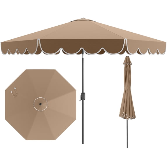 Costway 10 FT Patio Umbrella with Crank Tilt Adjustment Ruffles Vented Top 8 Ribs Brown